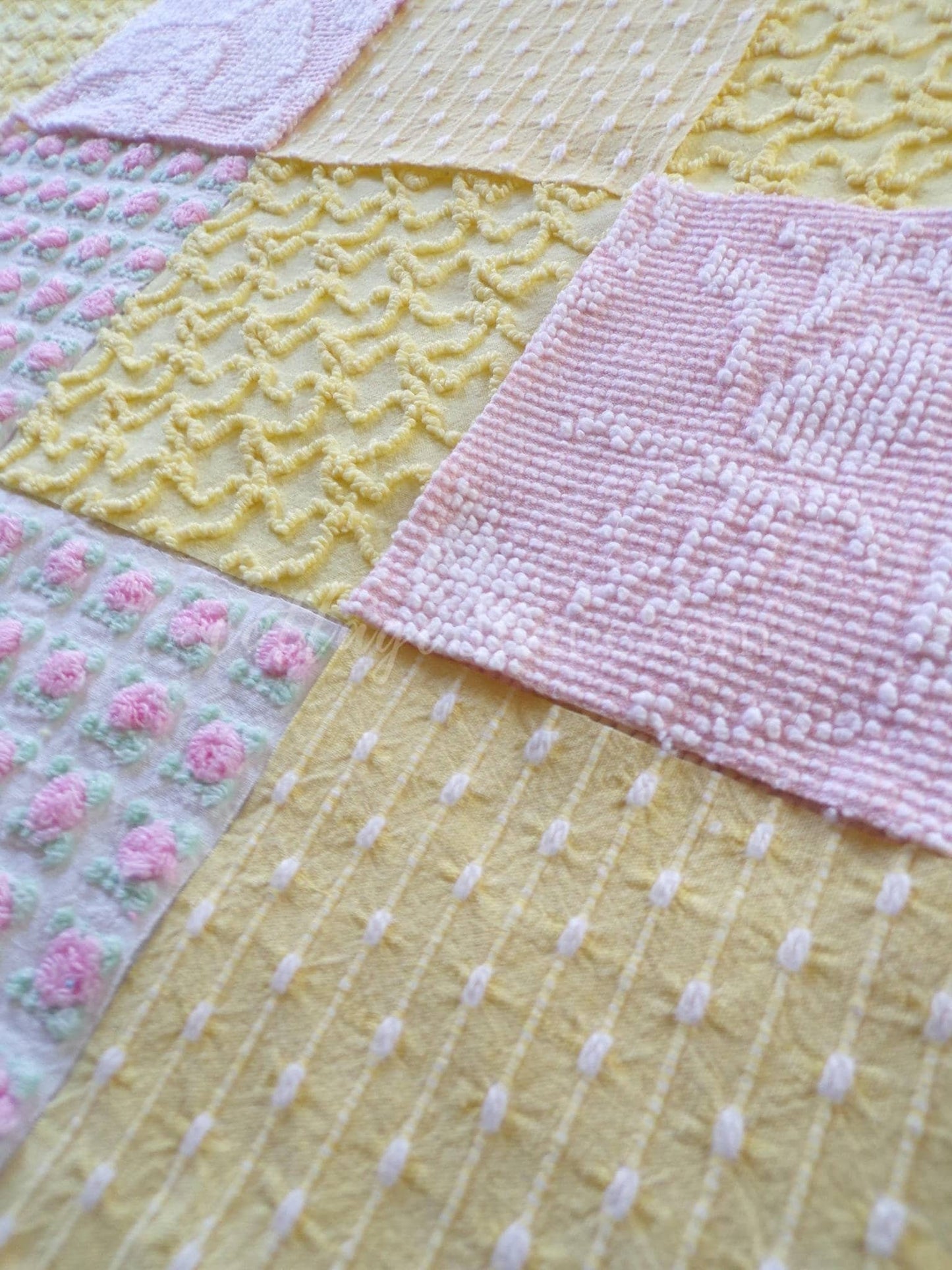 Spring Sunshine Chenille Quilt Squares Set from Vintage Bedspread Fabric, 16 Blocks, 6" x 6" inch