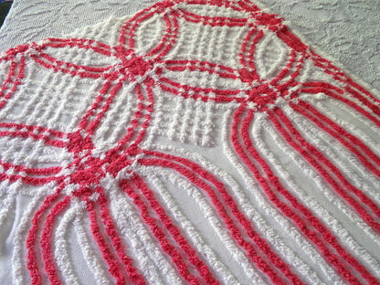 red & white vintage chenille fabric in wedding ring cathedral stripe design, 19" x 29" inch irregular piece of sewing material