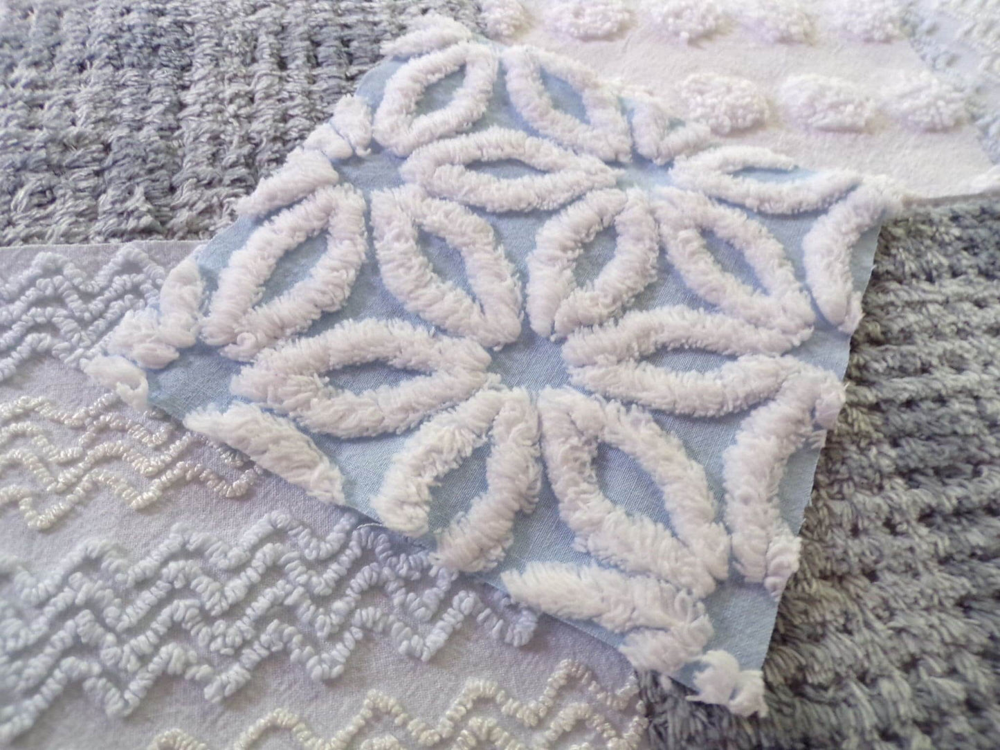 winter storm chenille fabric squares, 16 vintage 6" x 6" quilt blocks in cool blue & modern grey geometric for sewing, crafts, fiber arts