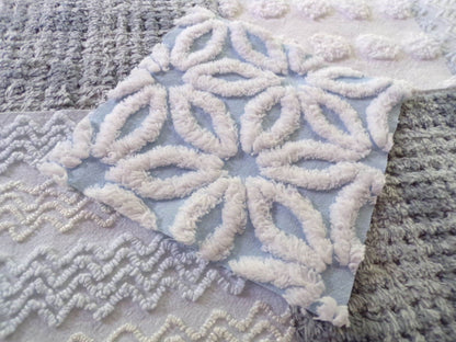 winter storm chenille fabric squares, 16 vintage 6" x 6" quilt blocks in cool blue & modern grey geometric for sewing, crafts, fiber arts