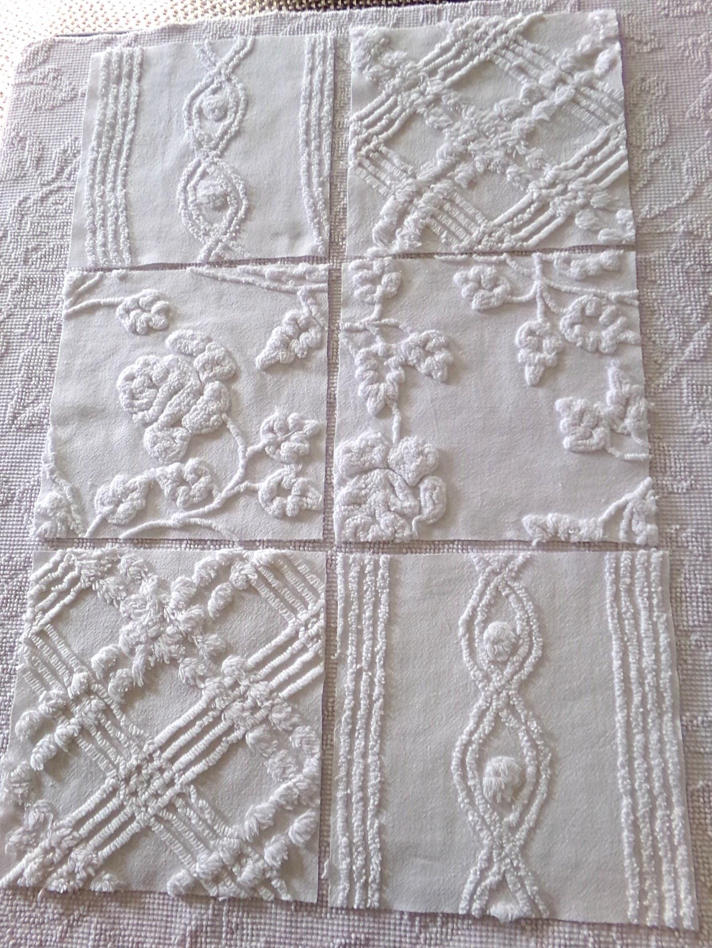 rambling rose vintage chenille fabric squares, set of 6 large 9.5" white quilt blocks, floral & geometric prints for sewing, quilting