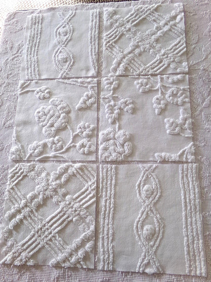 rambling rose vintage chenille fabric squares, set of 6 large 9.5" white quilt blocks, floral & geometric prints for sewing, quilting