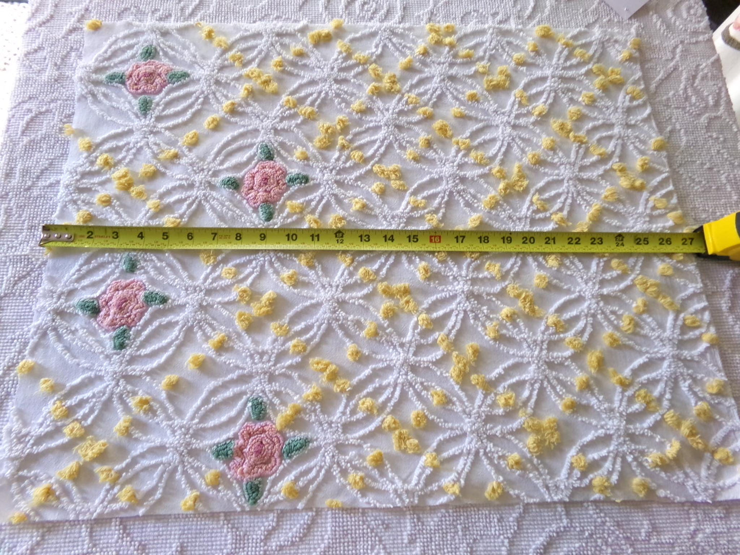 pink roses chenille fabric with goldenrod yellow pops, shabby chic vintage 20" x 24" inch piece of quilt material