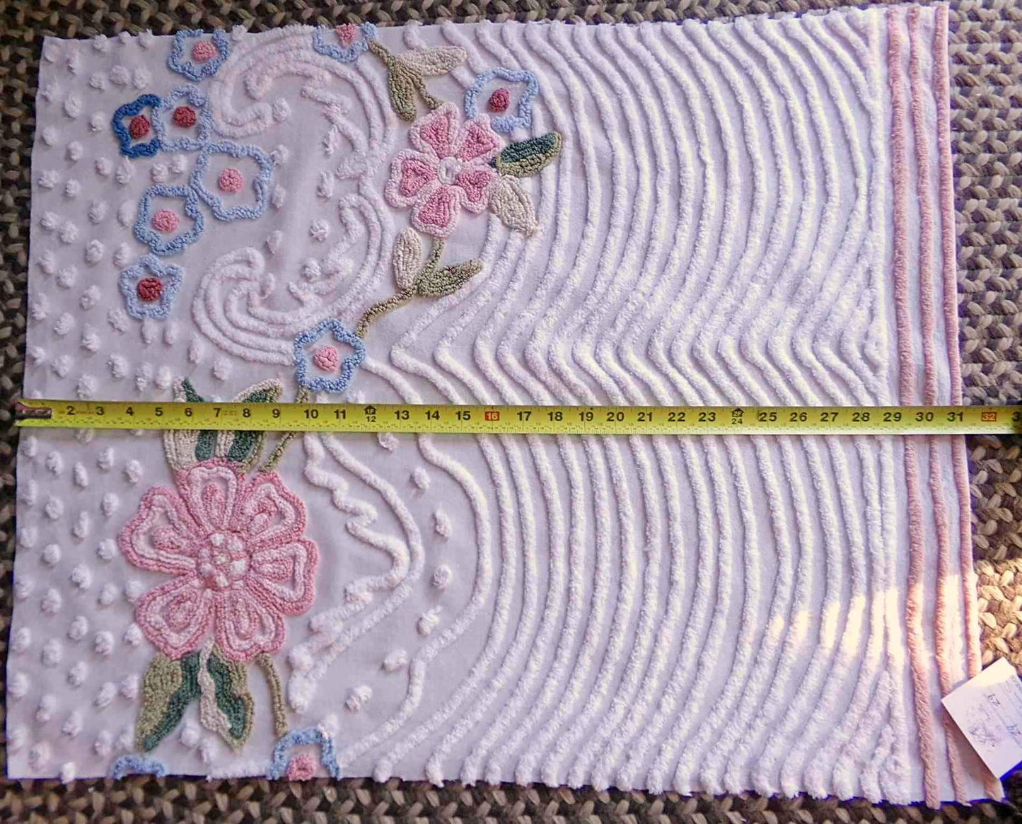 Dreamy Florals Vintage Chenille Material, 29" x 24" inch Fabric Piece, Beautifully Tufted Spring Flower Design on White Cotton