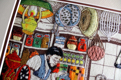 Old-Fashioned Country Store Crewel Embroidery Piece, "Penny Candy"" Completed Stitchery, Vintage Paragon Needlecraft, Outstanding Needlework