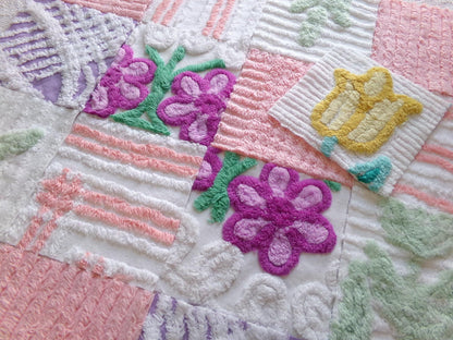 springtime mix 6" chenille squares, peach, white & purple set of 17 craft quilt blocks cut from vintage chenille bedspread fabrics