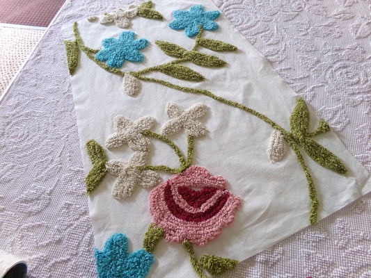 victorian style chenille fabric, colorful chic rose flowers, 15" x 26" inch piece of vintage sewing material great for appliques, pillows