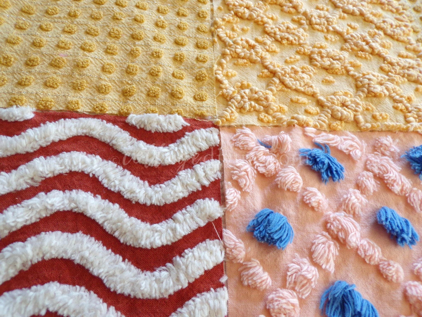 Southwestern Sunrise Chenille Quilt Squares Set from Vintage Bedspread Fabric, 16 Blocks, 6" x 6" inches each, Earthtones