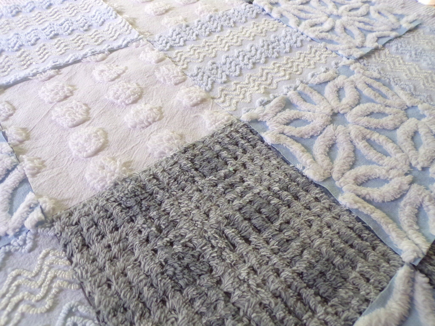 winter storm chenille fabric squares, 16 vintage 6" x 6" quilt blocks in cool blue & modern grey geometric for sewing, crafts, fiber arts