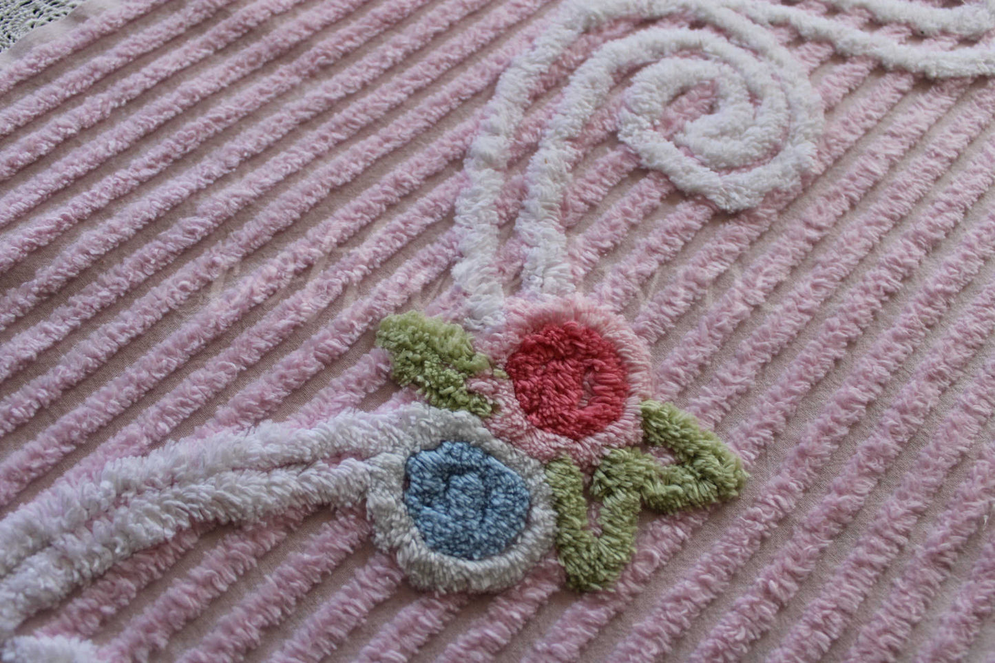 Simple Pink Floral Scroll Vintage White Chenille Fabric, 26" x 17" inch Piece, Great for Pillow Front