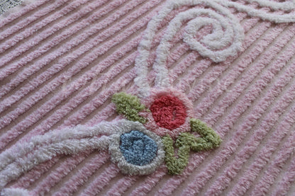 Simple Pink Floral Scroll Vintage White Chenille Fabric, 26" x 17" inch Piece, Great for Pillow Front