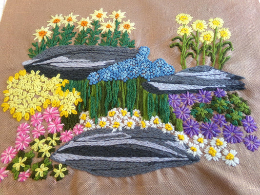 ROCK GARDEN Vintage Crewel Embroidery, FINISHED Boho Style Stitchery, Paragon Needlecraft #0215, Retro Floral Design by Barbara Sparre