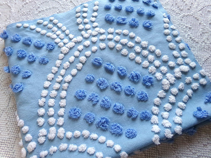 mermaid tails vintage chenille fabric, 25" x 24" inch piece in beautiful blue & white scallop pops design