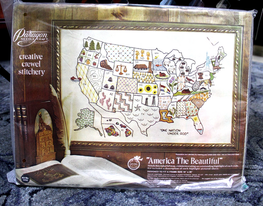 AMERICA THE BEAUTIFUL Vtg Crewel Embroidery Kit USA Map Paragon Stitchery 0434