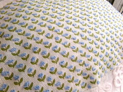 Tulip Garden Vintage Chenille Bedspread Fabric, Little Blue Flowers & Green Leaves, 12" x 24" inch Piece, Sewing Material for Quilts, Crafts