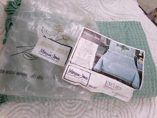 Vintage Seaspray Green Chenille Bedspread | Morgan Jones Encore Popcorn Pattern | NOS FULL Size Bedding, Color Fade