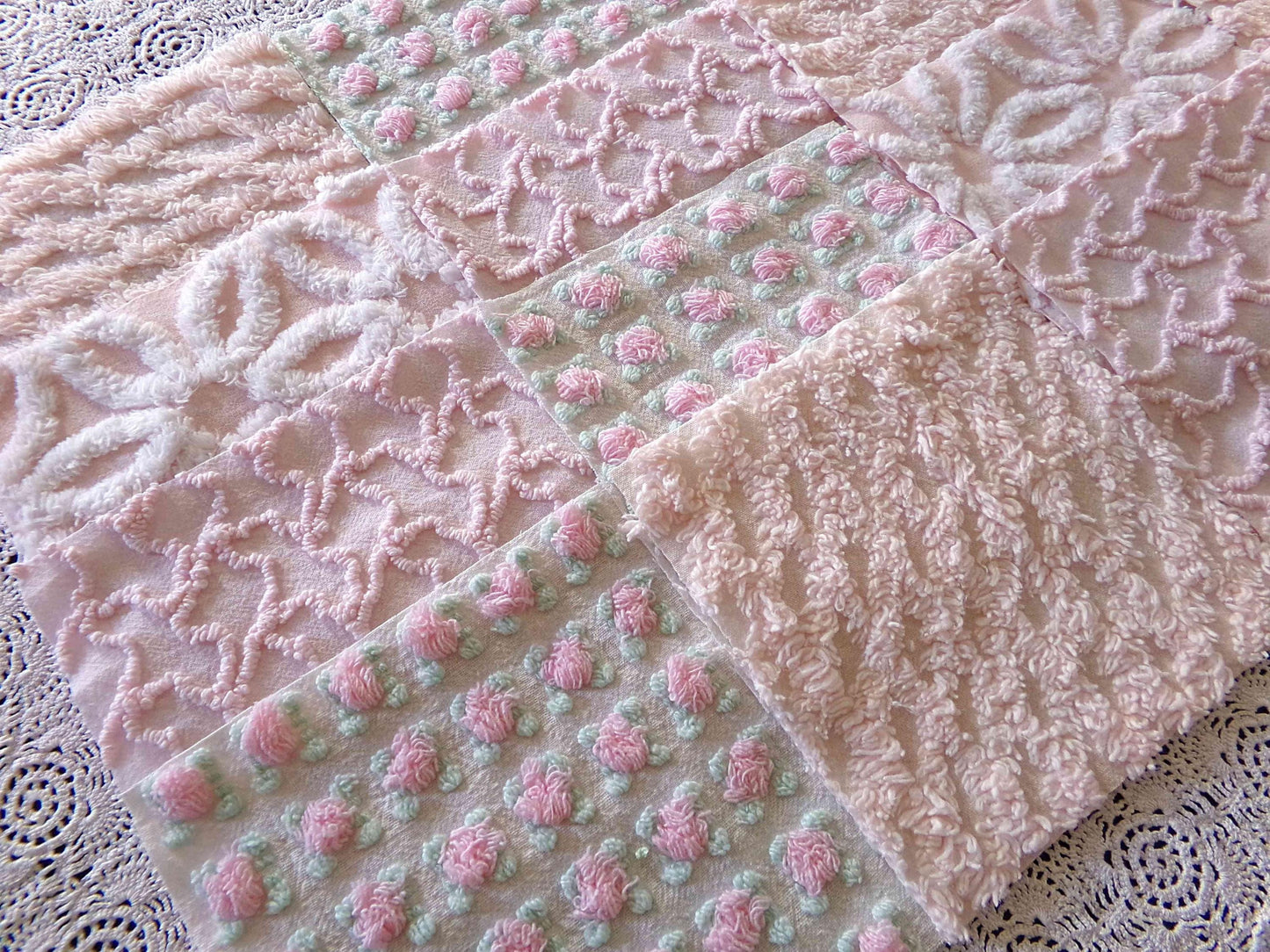 Spring Glow Chenille Quilt Squares Set from Vintage Bedspread Fabric, 16 Blocks, 6" inch ea in pretty daisies, pink rosebuds, peach lattice