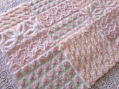Spring Glow Chenille Quilt Squares Set from Vintage Bedspread Fabric, 16 Blocks, 6" inch ea in pretty daisies, pink rosebuds, peach lattice