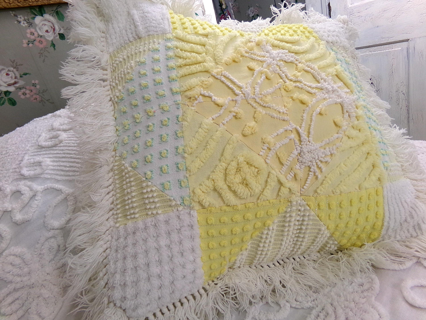 Vintage Chenille Patchwork Pillow | Reversible Mixed Yellow & White Prints, Fringe Accent | Boho Farmhouse Style, 17" x 18" w/ Insert
