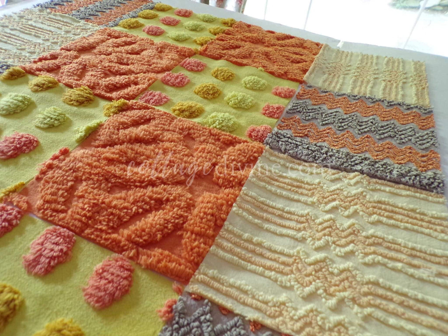 Quilt Squares Set, "Wild Lightning Zaps" from Vintage Chenille Bedspread Fabric, 16 Blocks, 6" x 6" inch