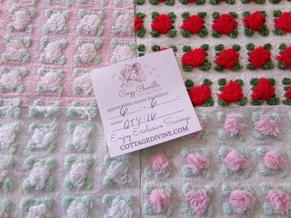valentine rosebuds vintage chenille fabric squares, gorgeous medley of pink, red, white roses, set of 16 quilt blocks, 6" x 6" inch
