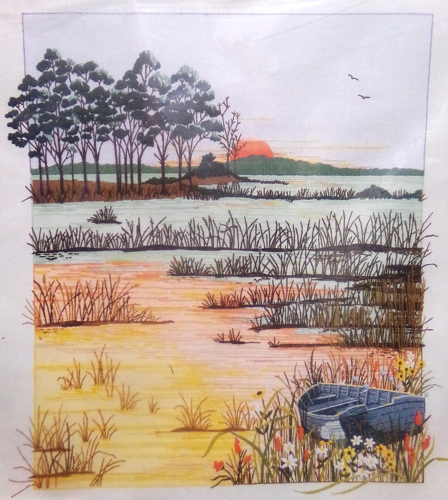 REFLECTIONS Crewel Embroidery Kit, Peaceful Sunset Scene, Vintage Paragon Needlecraft Creative Stitchery #0206