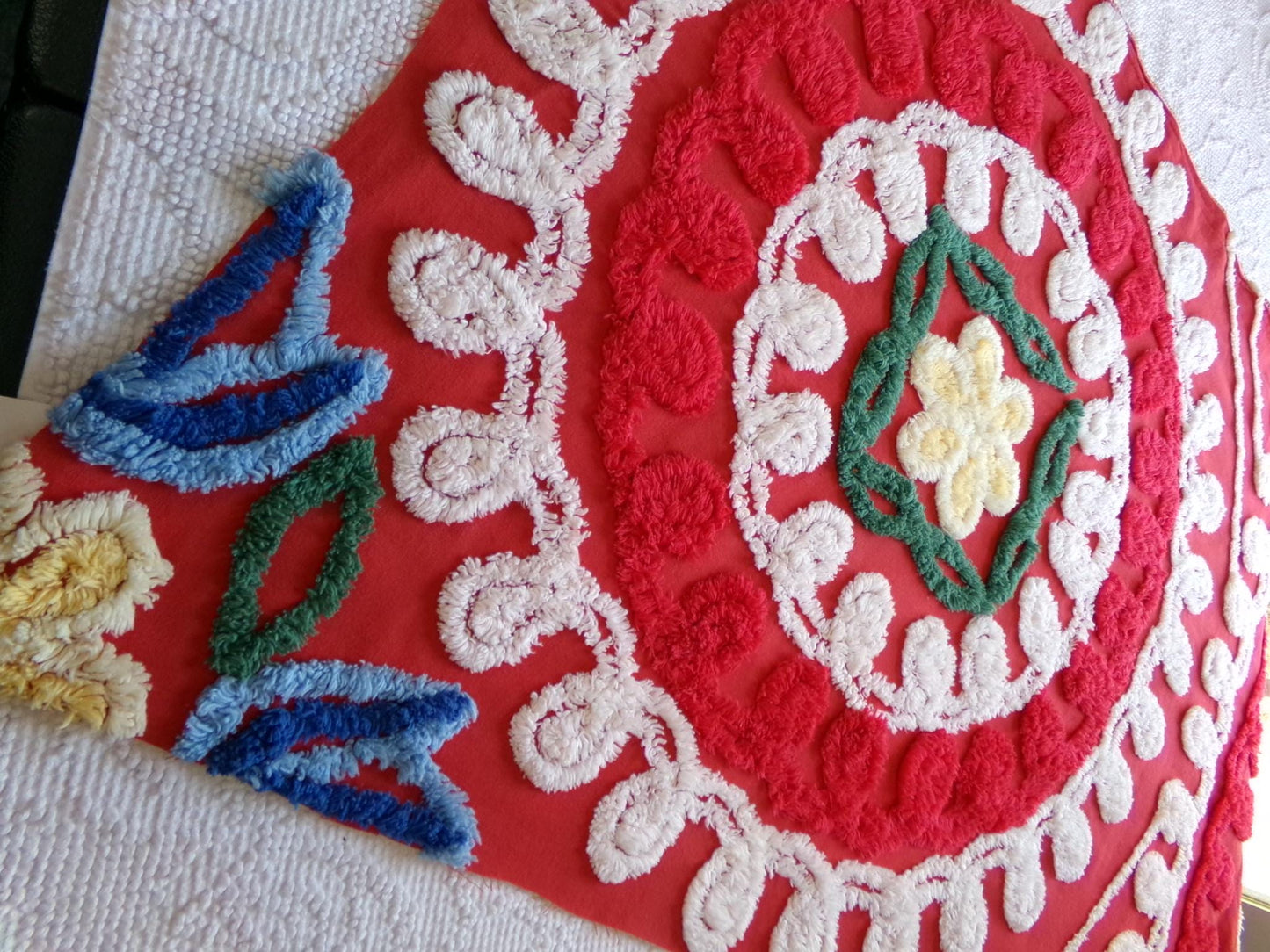 passion red vintage chenille fabric, large circular labyrinth of curlicues, large 32" x 23" cut piece for sewing, wall hanging, quilts