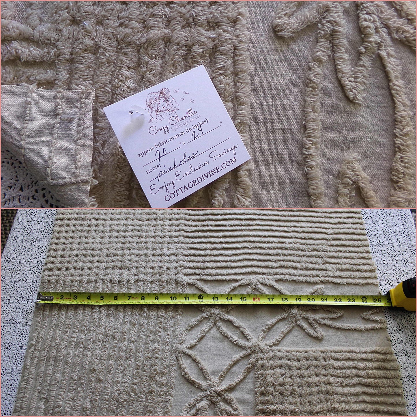 Shabby Modern Neutral Vintage Chenille Fabric, 20" x 24" inch Piece, Mocha Star Lily Design