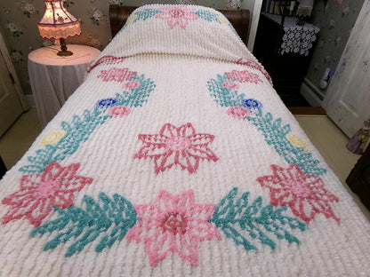 Vintage Twin Chenille Bedspread w/ Pink Star Lilies, Botanical Leaves on Cream Tufted Cotton