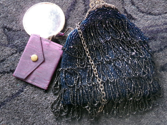 Antique Micro Bead Bag Carnival Glass Purse Vintage Victorian Fancy Clasp Top