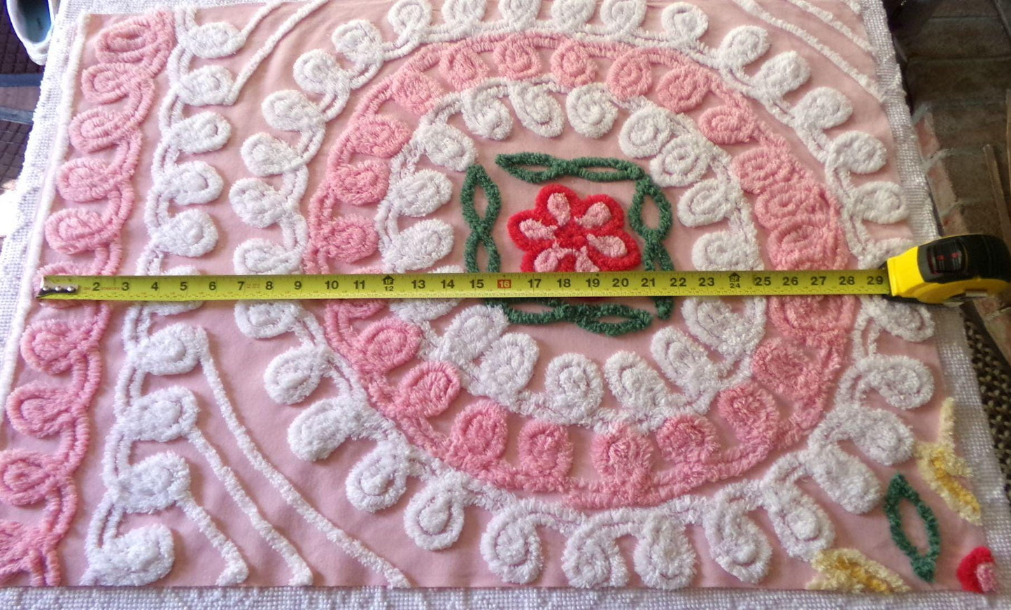frosted pink cupcake vintage chenille fabric, iced wedding cake design with rose flower, 21" x 30" inch piece of sewing material