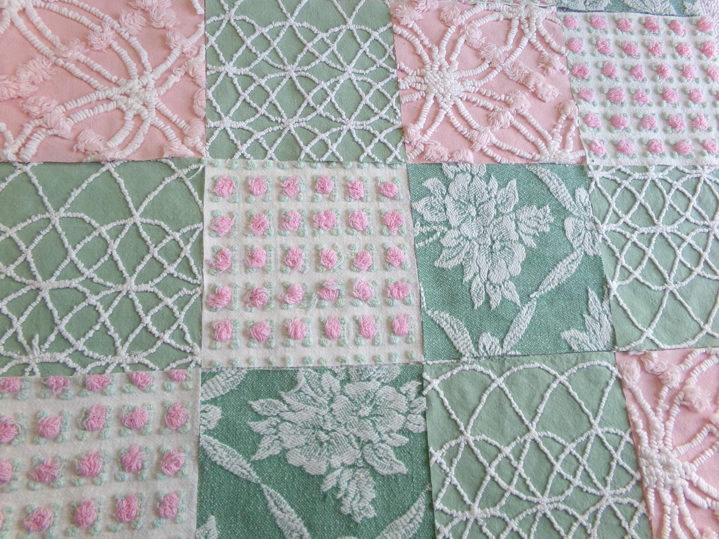 enchanted garden vintage woven & chenille fabric squares, set of 16 pink jade 6" quilt blocks for crafts, sewing, diy pillow covers