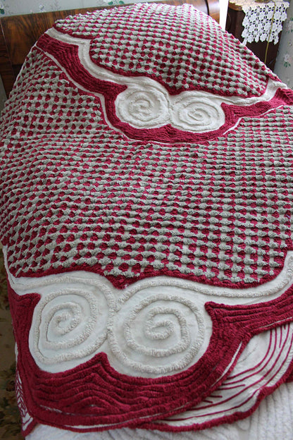 Plush Luxury Chenille Bedspread, Exceptional Vintage Bedding in Ice Grey, Berry Red & Dove Gray, Heavyweight FULL Size Bedding