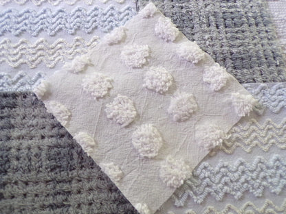 winter storm chenille fabric squares, 16 vintage 6" x 6" quilt blocks in cool blue & modern grey geometric for sewing, crafts, fiber arts