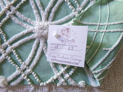 Striking Creamy Jade Green Vintage Chenille Bedspread Fabric, 19" x 23" inch Piece, White Spider Tuft Texturized Design