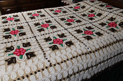 Boho Vintage Chenille Bedspread, Pink Roses on Cocoa Brown, Full Size Cotton Bedding