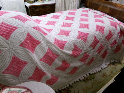dreamy pink & white vintage chenille bedspread, waffle tufts in swirl flower petal design, pom pom trim, 100% plush cotton full size bedding