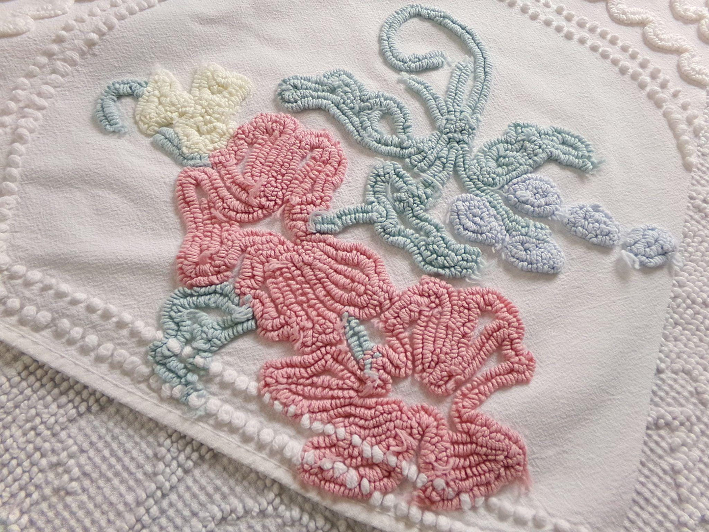 shabby delicate vintage chenille fabric, 18" x 24" inch piece of cotton sewing material for crafts & quilting