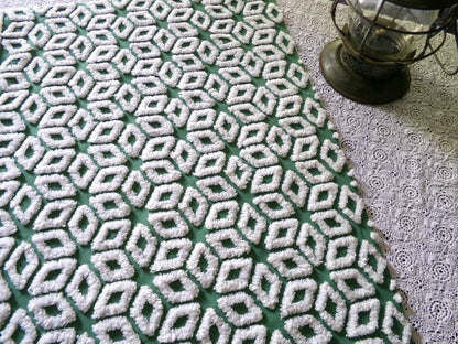 Forest Green Snowflakes Vintage Chenille Material, 18" x 25" inch Fabric Piece, 100% Cotton, Geometric Wedge White Snowflake Design