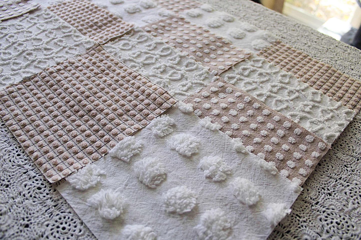 Trendy Neutral Chenille Squares, Vintage Meets Modern Craft Quilt Square Set from Vintage Bedspread Fabric, 16 Blocks, 6" x 6" inch
