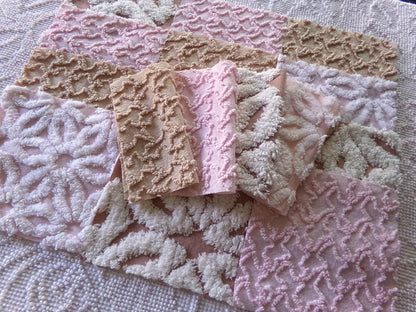 modern mocha pinks chenille fabric squares, set of 16 vintage quilt blocks 6" inches ea, daisy & squiggle texture