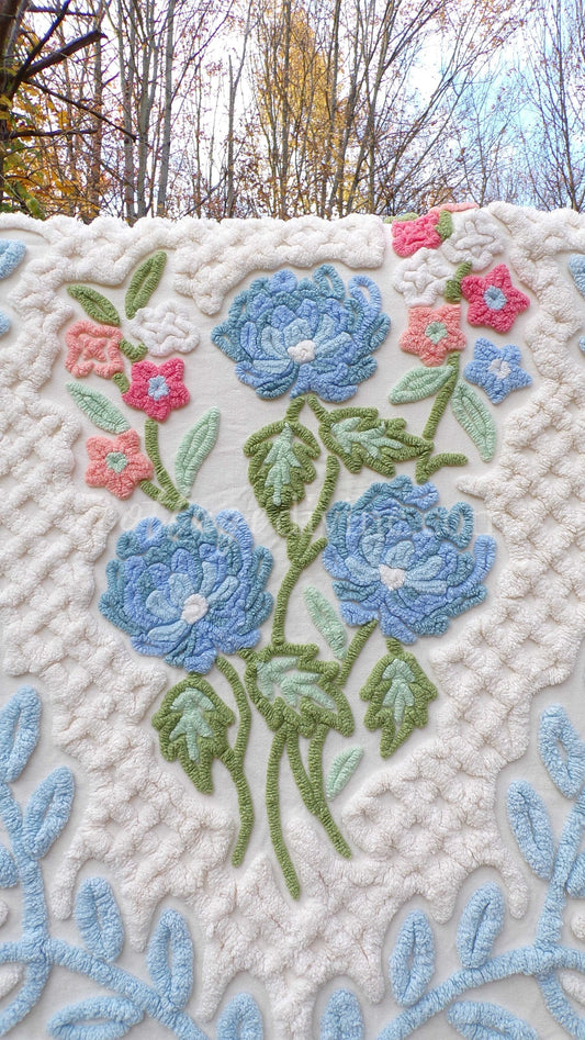 Luxury Buttercream Vintage Chenille Bedspread in Heirloom Garden Wildflowers, Full Size Boxed Fit Design with Ruffle Skirt