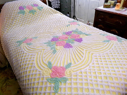 just joyful vintage chenille bedspread in cheery yellow with springtime flowers, full size bedding, 100% quality cotton