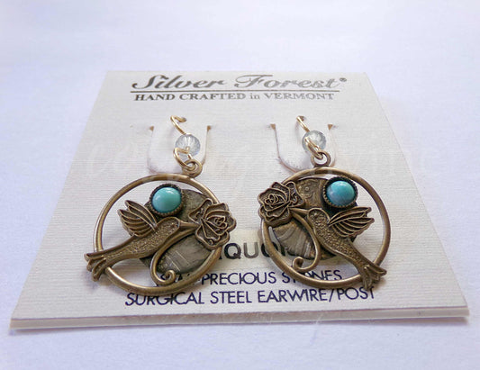 Hummingbird Rose Pierced Dangle Earrings, Turquoise Accent Vintage Style Silver Forest Vermont Boho Design