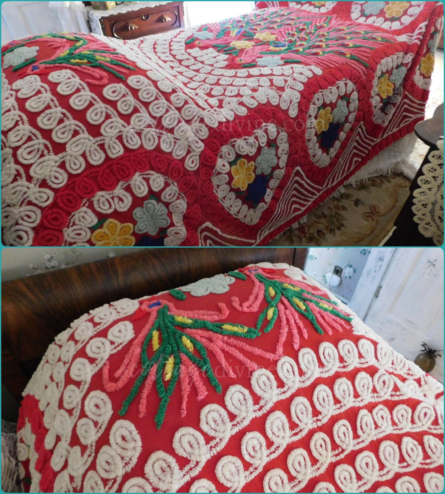 Love is all Around Vintage BOLD PEACOCK Chenille Bedspread, Full Size, Rainbow Red Rapture
