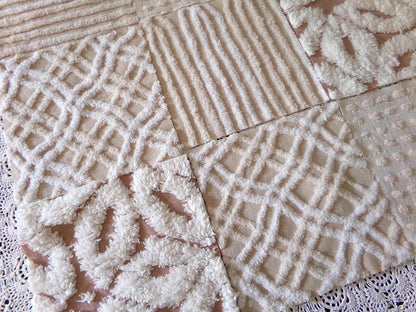 Neutral Modern Chenille Quilt Squares Set from Vintage Bedspread Fabric, 16 Blocks 6" x 6" inch, Daisy, Wavy Honeycomb, Stripe, Dot Patterns