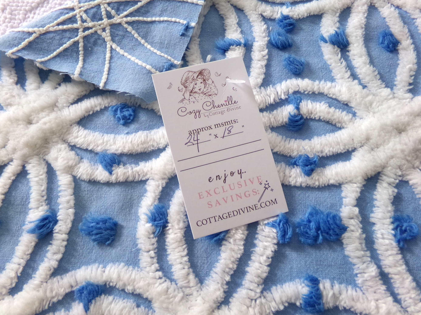 coastal chic blue vintage chenille fabric, white tufted spider rings & little pops, 24" x 18" inch piece