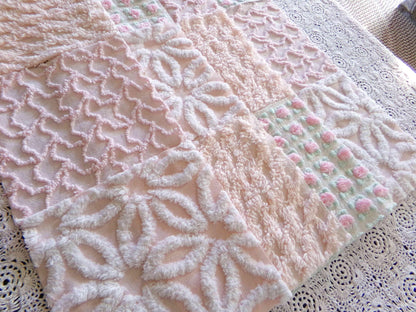 Spring Glow Chenille Quilt Squares Set from Vintage Bedspread Fabric, 16 Blocks, 6" inch ea in pretty daisies, pink rosebuds, peach lattice