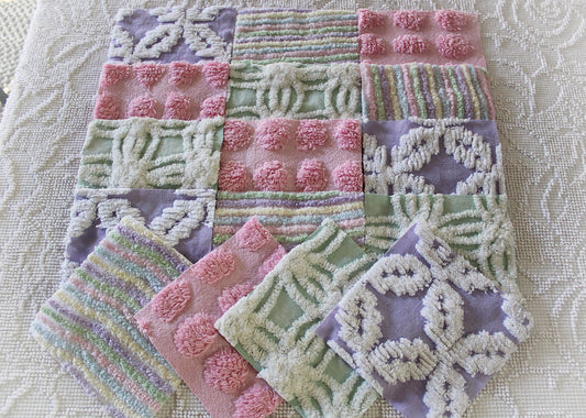 springtime colors chenille fabric squares, set of 16 vintage quilt blocks 6" inches ea, lilac, pink, mint green & pastel rainbow