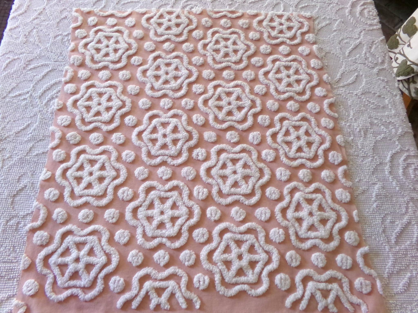 fairytale daisy dots vintage chenille fabric, beautiful white spoked daisies on rose pink cotton, 20" x 24" piece of sewing & quilt material